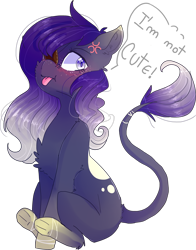 Size: 3364x4284 | Tagged: safe, artist:emily-826, oc, oc only, oc:midnight hush, earth pony, pony, blushing, chest fluff, dialogue, ear fluff, eyepatch, female, high res, i'm not cute, mare, simple background, sitting, solo, tongue out, transparent background, underhoof