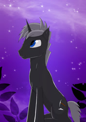 Size: 1024x1448 | Tagged: safe, artist:casparraillen, oc, oc only, oc:silver shard, pony, unicorn, blue eyes, dark grey coat, fog, leaves, mist, purple, silver mane, simple background, stars