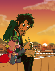 Size: 1214x1572 | Tagged: safe, artist:zanefir-dran, humdrum, spike, dragon, anime, cape, city, clothes, crossover, cute, deku's hero costume, food, ice cream, izuku midoriya, my hero academia, open mouth, power ponies, sitting, smiling, spikabetes, sunset