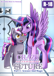 Size: 800x1131 | Tagged: safe, artist:vavacung, twilight sparkle, twilight sparkle (alicorn), oc, oc:alternate dawn, alicorn, pony, unicorn, comic:crazy alternate future 3: science and magic, alternate universe, comic, female, male, patreon, portal (valve), size difference