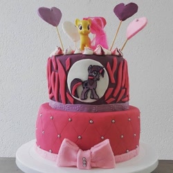 Size: 640x640 | Tagged: safe, fluttershy, twilight sparkle, pony, bow, cake, food, irl, photo