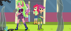 Size: 1024x452 | Tagged: safe, artist:thomaszoey3000, apple bloom, lemon zest, scootaloo, sweetie belle, equestria girls, boots, bow, clothes, denim, hairband, headphones, hoodie, pleated skirt, shoes, shorts, skirt, socks