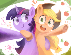 Size: 1700x1300 | Tagged: safe, artist:nendo, applejack, twilight sparkle, unicorn twilight, earth pony, pony, unicorn, applejack's hat, blushing, cowboy hat, cute, duo, duo female, female, hat, jackabetes, mare, open mouth, selfie, twiabetes