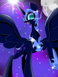 Size: 768x1024 | Tagged: safe, artist:nanima, artist:sue, derpibooru import, nightmare moon, alicorn, pony, crown, female, jewelry, looking at you, magic, mare, moon, regalia, solo