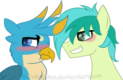 Size: 1001x657 | Tagged: safe, artist:ipandacakes, derpibooru import, gallus, sandbar, earth pony, griffon, pony, school daze, gallbar, gay, interspecies, male, shipping, simple background, transparent background, tsundere