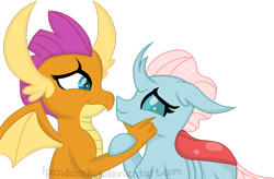 Size: 1302x855 | Tagged: safe, artist:ipandacakes, derpibooru import, ocellus, smolder, changedling, changeling, dragon, school daze, claws, cute, diaocelles, dragon wings, dragoness, female, floppy ears, hooves, horn, horns, interspecies, lesbian, shipping, simple background, smolcellus, smolderbetes, spread wings, transparent background, wings