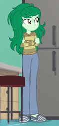 Size: 350x740 | Tagged: safe, derpibooru import, screencap, wallflower blush, better together, equestria girls, forgotten friendship, clothes, crossed arms, female, freckles, pants, refrigerator, shoes, solo, stool, sweater