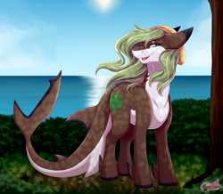 Size: 2750x2400 | Tagged: safe, artist:pinktabico, derpibooru import, oc, oc only, original species, shark pony, commission, female, looking down, ocean, scenery, solo, tree trunk