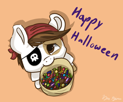 Size: 3000x2494 | Tagged: safe, artist:kysimon, derpibooru import, pipsqueak, best boi, candy, eyepatch, food, halloween, holiday, mouth hold, solo