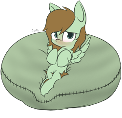 Size: 2370x2288 | Tagged: safe, artist:lofis, derpibooru import, oc, oc:mint chocolate, pegasus, pony, beanbag chair, blushing, embarrassed, female, laying on beanbag, looking at you, lying down, mare, sexy, simple background, solo, spread wings, text, transparent background, wings