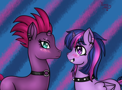 Size: 3244x2398 | Tagged: safe, artist:yumomochan, derpibooru import, tempest shadow, twilight sparkle, twilight sparkle (alicorn), alicorn, my little pony: the movie, choker, digital art, ear piercing, earring, fanart, jewelry, piercing, spiked choker