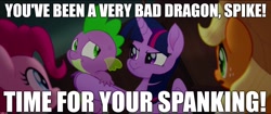 Size: 1920x808 | Tagged: safe, derpibooru import, edit, edited screencap, screencap, applejack, pinkie pie, spike, twilight sparkle, twilight sparkle (alicorn), alicorn, dragon, earth pony, pony, my little pony: the movie, abuse, female, femdom, image macro, meme, spanking, spikeabuse