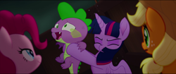 Size: 1920x808 | Tagged: safe, derpibooru import, screencap, applejack, pinkie pie, spike, twilight sparkle, twilight sparkle (alicorn), alicorn, dragon, earth pony, pony, my little pony: the movie, faic, great moments in animation, weird