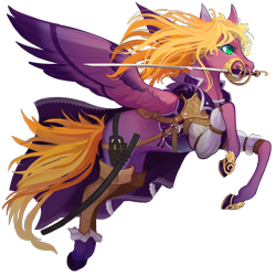Size: 3000x3000 | Tagged: safe, artist:sitaart, derpibooru import, oc, oc only, oc:flowing grace, pegasus, pony, armor, blonde, blonde mane, blonde tail, clothes, dungeons and dragons, fantasy class, feather, female, green eyes, leather armor, mare, mouth hold, pathfinder, pen and paper rpg, ponyfinder, raised hoof, rapier, rpg, simple background, solo, spread wings, sword, transparent background, weapon, wings