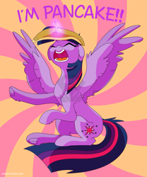 Size: 2215x2661 | Tagged: safe, artist:roaert, derpibooru import, twilight sparkle, twilight sparkle (alicorn), alicorn, pony, dialogue, eyes closed, female, food, i'm pancake, mare, open mouth, pancakes, solo, spread wings, underhoof, watermark, wings, yelling