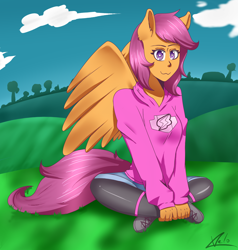 Size: 1416x1489 | Tagged: safe, artist:fafouche, derpibooru import, scootaloo, oc, oc only, oc:ponytale scootaloo, anthro, comic:ponytale, solo