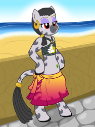 Size: 3000x4000 | Tagged: safe, artist:theonewithoutaname, derpibooru import, oc, oc only, oc:desta, semi-anthro, zebra, beach, bellyring, bikini, bikini top, bipedal, breasts, chestbreasts, clothes, clothing theft, colored hooves, delicious flat chest, ear piercing, earring, eyebrow piercing, female, filly, foal, implied sunset shimmer, jewelry, nose piercing, nose ring, ocean, piercing, sarong, skirt, solo, summer, summer sunset, swimsuit, tail, tail wrap, zebra oc