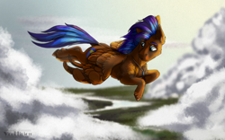 Size: 1280x798 | Tagged: safe, artist:marinavermilion, derpibooru import, oc, oc only, oc:nimble wing, pegasus, pony, cheek fluff, chest fluff, cloud, flying, jewelry, looking down, male, necklace, river, sky, solo, spread wings, unshorn fetlocks, wings