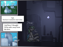 Size: 3126x2344 | Tagged: safe, artist:ampderg, derpibooru import, oc, oc:orphose, changeling, series:orphose voracious journey, building, changeling oc, resting