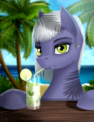 Size: 2552x3323 | Tagged: safe, artist:dezdark, derpibooru import, limestone pie, earth pony, pony, beach, cup, drink, ear piercing, female, lip piercing, looking at you, mare, piercing, solo, straw, tree, water