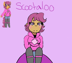 Size: 682x597 | Tagged: safe, artist:synnibear03, artist:tehtoastermuffin, derpibooru import, scootaloo, oc, oc only, oc:ponytale scootaloo, anthro, human, comic:ponytale, humanized, solo