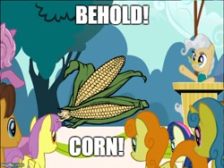 Size: 500x375 | Tagged: safe, derpibooru import, edit, edited screencap, screencap, bon bon, caramel, carrot top, golden harvest, lemon hearts, mayor mare, parasol, sweetie drops, the last roundup, aqua teen hunger force, behold, corn, dr. weird, food, meme