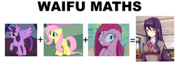 Size: 1920x720 | Tagged: safe, derpibooru import, edit, screencap, fluttershy, pinkie pie, twilight sparkle, twilight sparkle (alicorn), alicorn, earth pony, pegasus, pony, doki doki literature club, math, meme, pinkamena diane pie, waifu maths, yuri (ddlc)