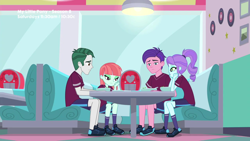 Size: 1280x720 | Tagged: safe, derpibooru import, screencap, crystal lullaby, marco dafoy, melon mint, peacock plume, better together, equestria girls, pinkie pie: snack psychic, background human, lamp, sad, sports outfit, sports shorts, sweet snacks cafe, table