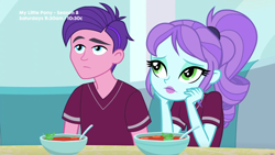 Size: 1280x720 | Tagged: safe, derpibooru import, screencap, crystal lullaby, peacock plume, better together, equestria girls, pinkie pie: snack psychic, background human, female, food, hands on cheeks, male, ponytail, sad, soup, sports outfit