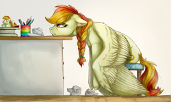 Size: 4600x2736 | Tagged: safe, artist:gaelledragons, derpibooru import, oc, oc only, pegasus, pony, book, braid, crumpled, dock, doctor who, female, floppy ears, mare, paper, pen, pencil, plushie, sitting, solo, sonic screwdriver, vent art