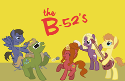 Size: 5000x3258 | Tagged: safe, artist:inkandmystery, derpibooru import, earth pony, pegasus, pony, unicorn, cindy wilson, drums, fred schneider, guitar, hat, kate pierson, keith strickland, microphone, musical instrument, ricky wilson, sunglasses, tambourine, the b-52s