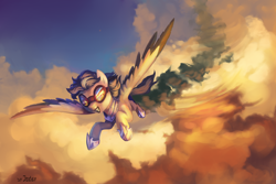 Size: 3000x2000 | Tagged: safe, artist:jedayskayvoker, derpibooru import, oc, oc only, pegasus, pony, cloud, female, flying, goggles, mare, smoke, solo, spread wings, wings, ych result