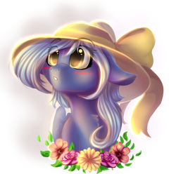 Size: 1024x1014 | Tagged: dead source, safe, artist:freckleplant, derpibooru import, oc, oc only, pegasus, pony, abstract background, blushing, bust, chest fluff, eye clipping through hair, female, floppy ears, flower, hat, mare, portrait, solo, sun hat, ych result