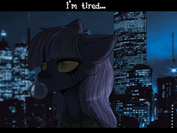 Size: 1400x1050 | Tagged: safe, artist:cloud-fly, derpibooru import, oc, pony, bubblegum, caption, city, female, food, gum, lights, makeup, mare, night, running makeup, skyline, solo