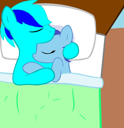 Size: 1488x1540 | Tagged: safe, artist:sky gamer, derpibooru import, minuette, oc, oc:sky gamer, pegasus, pony, unicorn, bed, canon x oc, couple, eyes closed, female, holding, male, skynuette, sleeping