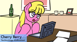 Size: 1280x705 | Tagged: safe, artist:ashtoneer, derpibooru import, cherry berry, computer, laptop computer, solo, you're doing it wrong