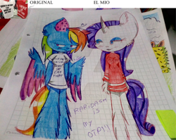 Size: 1024x815 | Tagged: safe, artist:edithpaint, derpibooru import, rainbow dash, rarity, anthro, pegasus, unicorn, clothes, female, graph paper, lesbian, raridash, shipping, traditional art