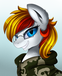 Size: 1446x1764 | Tagged: safe, artist:pridark, derpibooru import, oc, oc only, oc:alter ego, pony, bust, clothes, commission, glasses, hoodie, looking at you, portrait, solo