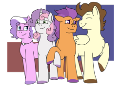 Size: 1024x740 | Tagged: safe, artist:sylver-unicorn, derpibooru import, diamond tiara, pound cake, sweetie belle, tender taps, diamondbelle, female, gay, lesbian, male, poundtaps, shipping, simple background, transparent background