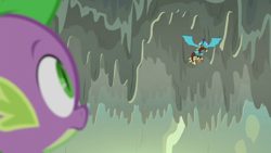 Size: 1280x720 | Tagged: safe, derpibooru import, screencap, princess ember, spike, dragon, gauntlet of fire, armor, cave, cavern, dragon armor, duo, flying, leaving, stalactite