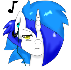 Size: 3431x3375 | Tagged: safe, derpibooru import, oc, oc:zerox, unicorn, blue hair, golden eyes, headphones, pending, serious, serious face