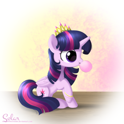 Size: 1000x1000 | Tagged: safe, artist:songbirdserenade, derpibooru import, twilight sparkle, twilight sparkle (alicorn), alicorn, pony, abstract background, bracelet, bubblegum, female, food, gum, jewelry, mare, sitting, solo, tiara