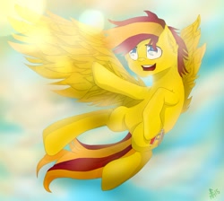 Size: 944x847 | Tagged: safe, artist:monochromacat, derpibooru import, oc, oc only, oc:archi sketch, pegasus, pony, flying, male, sky, solo