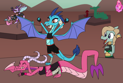 Size: 1024x694 | Tagged: safe, artist:author92, derpibooru import, idw, ballista, crackle, dragon lord ember, mina, princess ember, prominence, oc, dragon, alternate costumes, clapping, claws, clothes, corey powell, dragon lands, dragoness, female, fight, gloves, kick, kicking, midriff, mma, shorts, sports bra, sports tape, wings