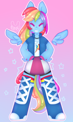 Size: 2111x3500 | Tagged: safe, artist:bunxl, derpibooru import, rainbow dash, anthro, pegasus, unguligrade anthro, arm hooves, boots, clothes, compression shorts, cute, equestria girls outfit, eyes closed, female, grin, mare, multicolored hair, shirt, shoes, shorts, skirt, smiling, socks, solo