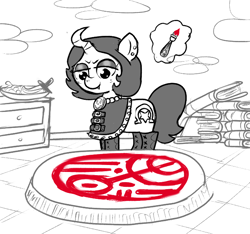 Size: 640x600 | Tagged: safe, artist:ficficponyfic, derpibooru import, oc, oc only, oc:joyride, blood, book, buckle, curved horn, cyoa, cyoa:the wizard of logic tower, ear piercing, fangs, fruit, jewelry, leather, leather boots, magic, magic circle, necklace, piercing, plate, story included, studs, summoning circle