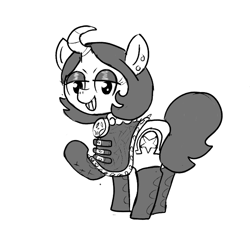 Size: 640x600 | Tagged: safe, artist:ficficponyfic, derpibooru import, oc, oc only, oc:joyride, buckle, curved horn, cyoa, cyoa:the wizard of logic tower, ear piercing, jewelry, leather, leather boots, monochrome, necklace, piercing, solo, story included, studs