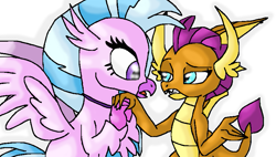 Size: 819x464 | Tagged: safe, artist:mojo1985, derpibooru import, silverstream, smolder, classical hippogriff, dragon, hippogriff, school daze, /mlp/, female, lesbian, scene interpretation, shipping, smolderstream, trace