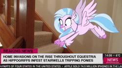 Size: 1024x575 | Tagged: safe, derpibooru import, silverstream, classical hippogriff, hippogriff, pony, school daze, cute, diastreamies, eyes on the prize, fake news, female, flying, irl, leg fluff, looking at something, news, photo, pointing, ponies in real life, spread wings, squee, stairs, that hippogriff sure does love stairs, wings