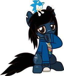 Size: 1072x1275 | Tagged: safe, artist:lightningbolt, derpibooru exclusive, derpibooru import, earth pony, pony, undead, zombie, zombie pony, .svg available, bags under eyes, bloodshot eyes, bone, bring me the horizon, clothes, colored pupils, covering, crossover, hair over one eye, hoof on face, lidded eyes, looking at you, male, oliver sykes, plushie, ponified, raised hoof, scar, shirt, shy, simple background, sitting, solo, sonic the hedgehog, sonic the hedgehog (series), stallion, stitches, svg, tattoo, torn ear, transparent background, vector